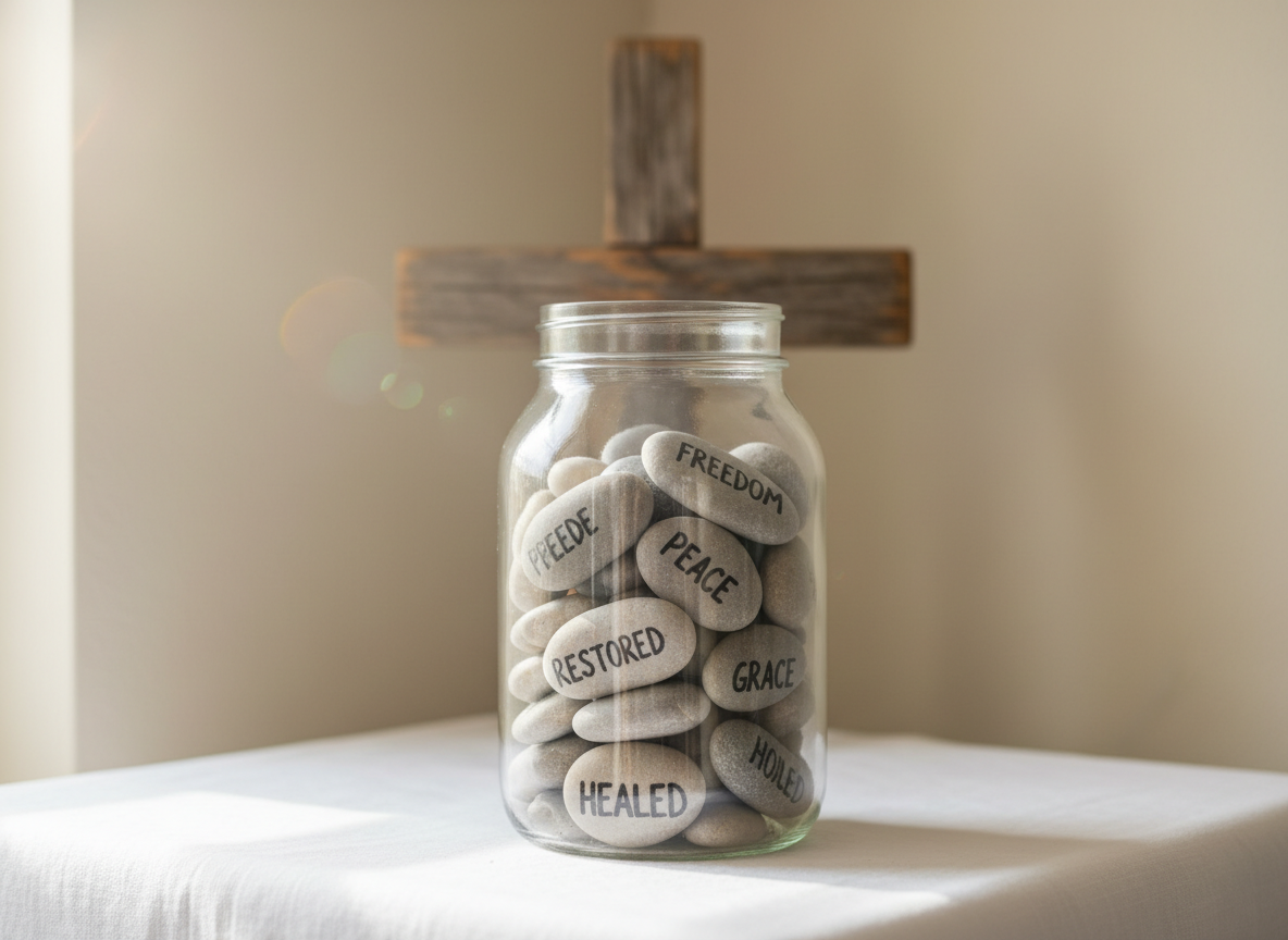A symbolic still life of inner healing: a clear glass jar filled with small river stones, each stone inscribed with a single word such as “freedom,” “peace,” and “restored,” placed on a clean white linen cloth. Behind the jar, a rustic wooden cross leans against a pale, painted wall in soft neutral tones. A gentle beam of natural light from an unseen window illuminates the glass and stones, creating glints and faint reflections on the surface, while the background falls into a soft, contemplative blur. Captured in photographic realism at eye level with a centered composition, the image conveys a calm, hopeful, and professional mood, ideal for illustrating faith-based transformation and deliverance.