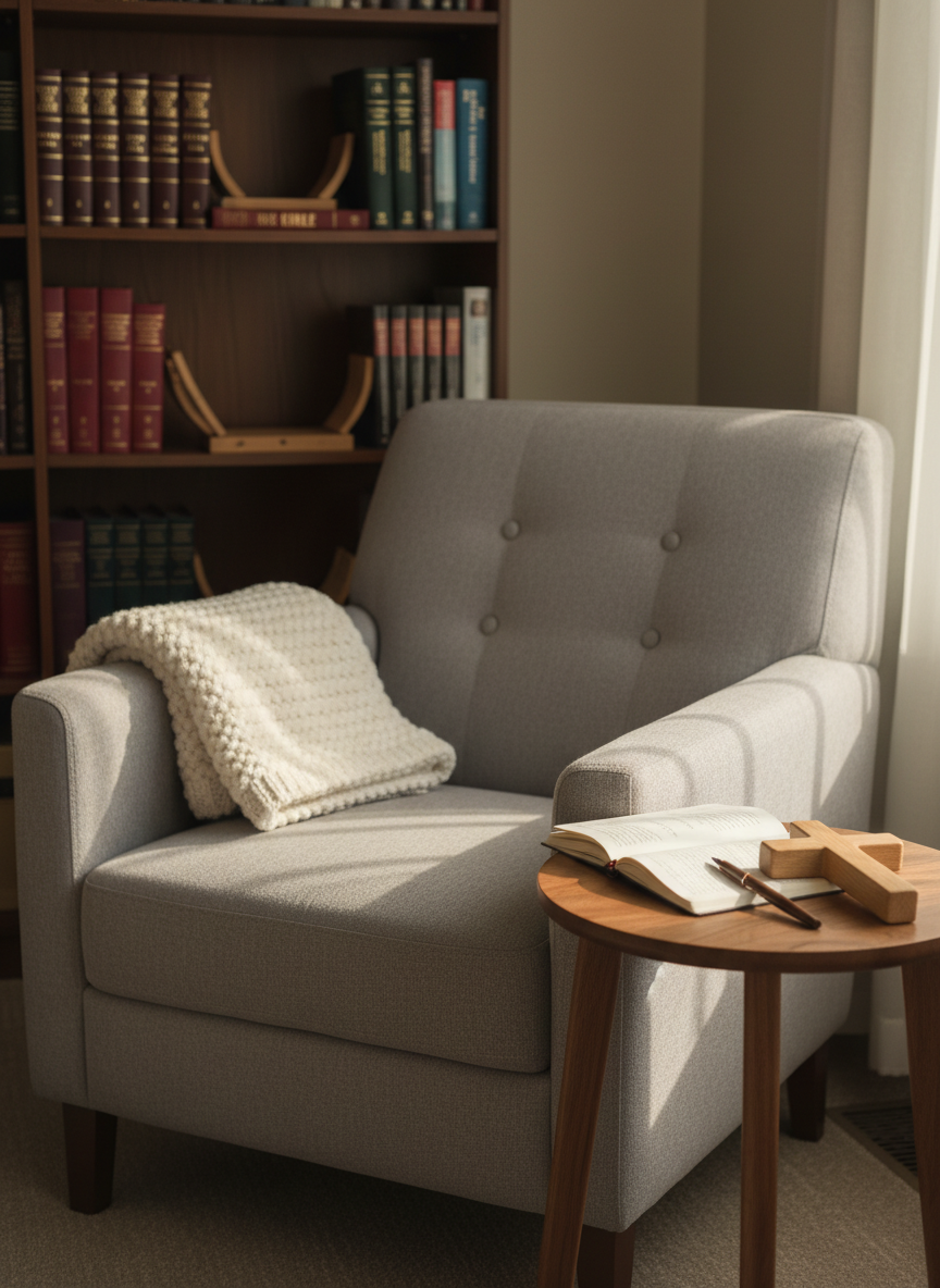 A serene corner of a quiet room featuring a plush, dove-gray armchair with a knitted cream throw folded neatly over the arm, facing a small round side table made of warm walnut wood. On the table sits an open journal with lined pages, a smooth wooden cross, and a pen, arranged with intentional simplicity. Soft, late-afternoon sunlight filters in from the side, creating a gentle, golden wash over the textured fabrics and casting calm, elongated shadows. Photographic realism at a slightly elevated angle emphasizes the inviting space while the background fades into a softly blurred bookcase of neatly arranged Bibles and counseling resources, suggesting a safe environment for inner healing and reflection.