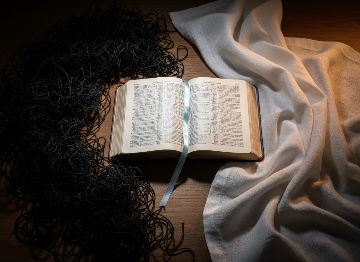 A dark, tangled ball of black thread set on one side of a wooden table transitions across the frame into neatly folded, soft white fabric on the other side, symbolizing movement from chaos to restoration. Between them lies an open Bible with a single, pale blue ribbon marking a page about healing. Overhead, gentle, directional studio lighting creates a gradient from shadow on the side with the tangled thread to warm light on the side with the folded cloth, emphasizing the journey from distress to peace. Photographic realism, shot from a slightly elevated angle with rule-of-thirds composition, keeps the focus on the central Scriptures while the textures of thread, paper, and fabric are rendered with crisp detail.